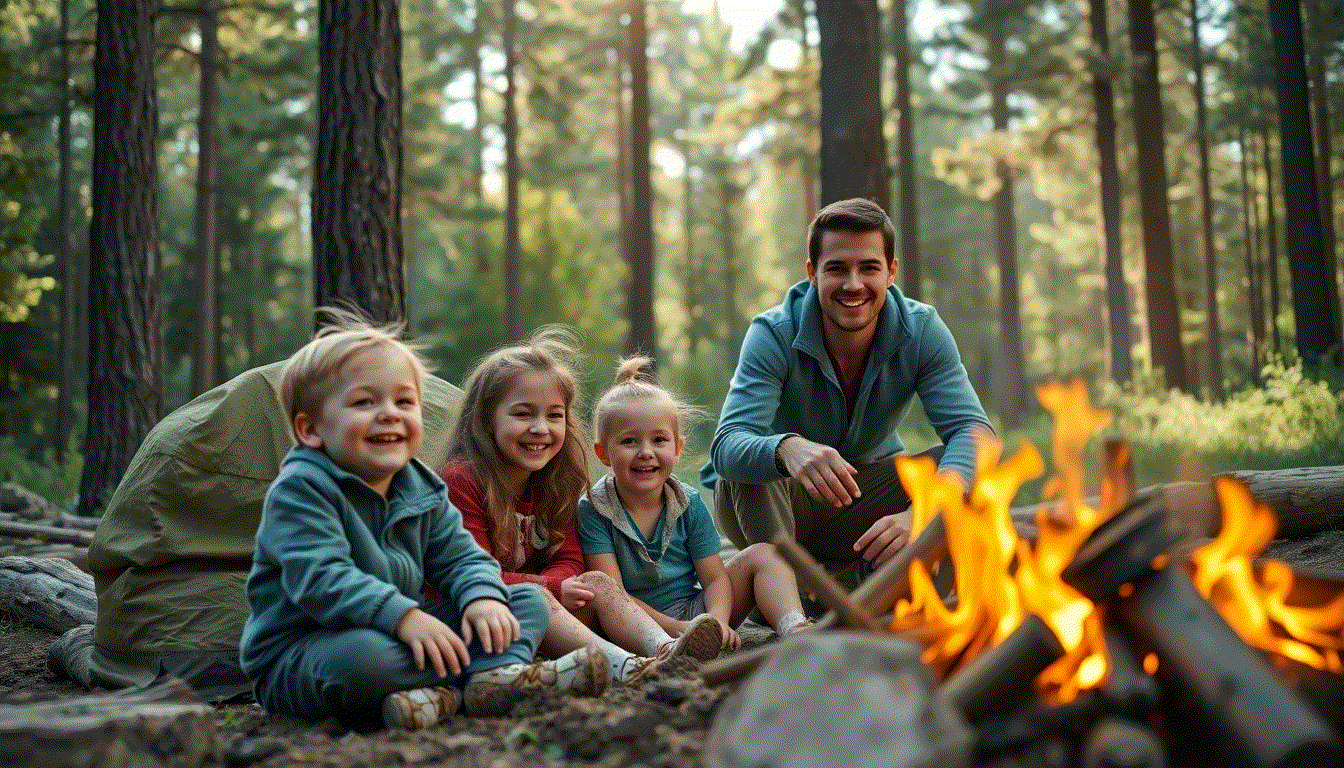 Family camping in the forest. Happy children sitting by the fire.