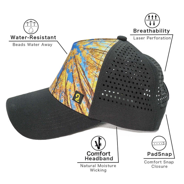 Mens trucker hats with water-resistant front panel, breathable laser perforated back, moisture-wicking bamboo headband, and comfort PadSnap closure featuring landscape photography design