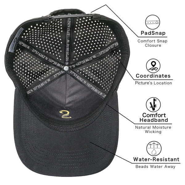 Top view of mens trucker hats showing moisture-wicking comfort headband, water-resistant fabric, PadSnap closure, and geographic coordinates inside brim