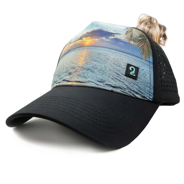 Youth Girls Trucker Hat with high ponytail opening and ocean sunset design