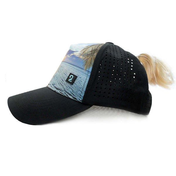 Youth Girls Trucker Hat with high ponytail opening and ocean scene design