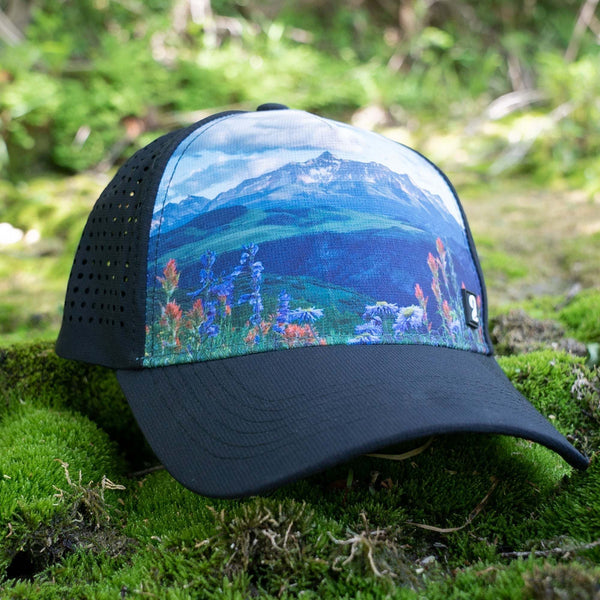 Youth high ponytail Girls Trucker Hat with water-resistant material and scenic mountain print