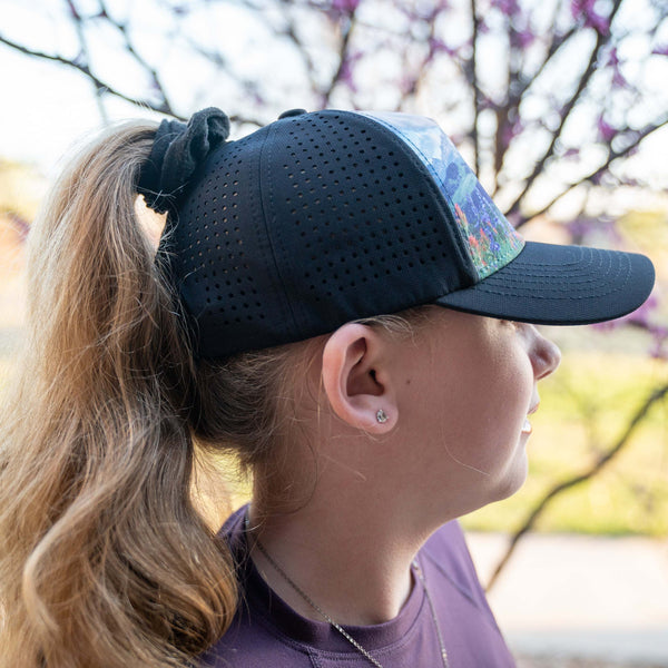 Youth high ponytail Girls Trucker Hat with breathable, water-resistant material, designed for outdoor adventures.