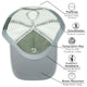 Interior view of high ponytail womens female trucker hat showing PadSnap comfort snap closure, location coordinates, topographical map design, natural moisture-wicking comfort headband, and water-resistant material features