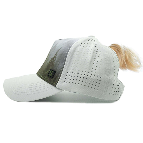 High ponytail womens trucker hat with water-resistant material and breathable mesh panels for women