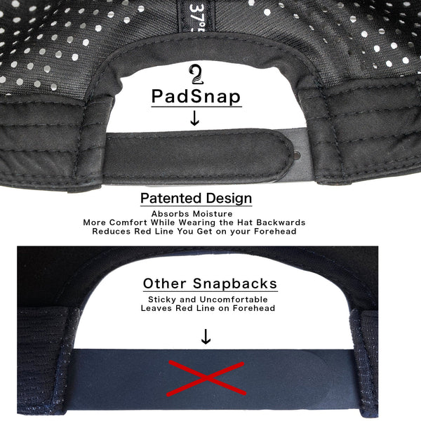 Close-up of black female trucker ponytail hat with patented PadSnap sweat-absorbing snapback design for comfort and moisture wicking