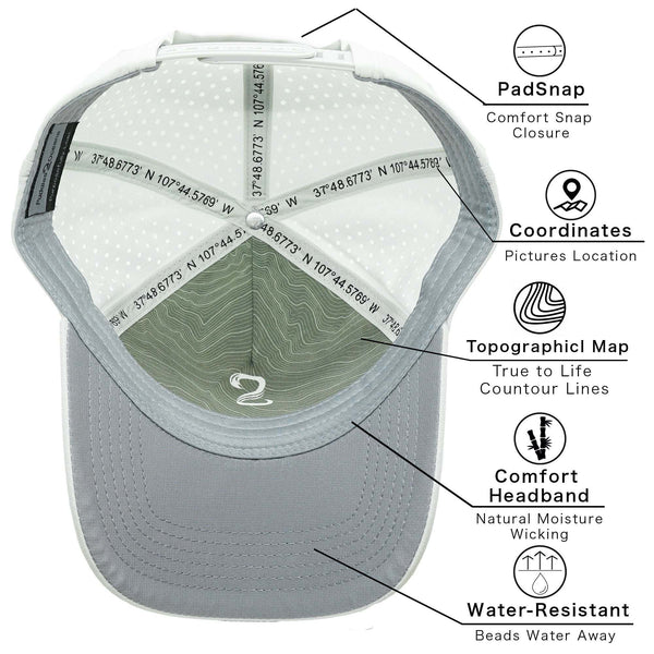 Youth Performance Boy Trucker Hat with high ponytail opening, water-resistant fabric, moisture-wicking bamboo headband, low rise fit, PadSnap comfort snap closure, and unique interior map coordinates design