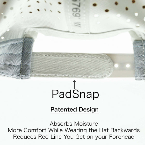 Close-up of the patented PadSnap moisture-absorbing adjustable strap on a youth high ponytail performance mountain trucker hat