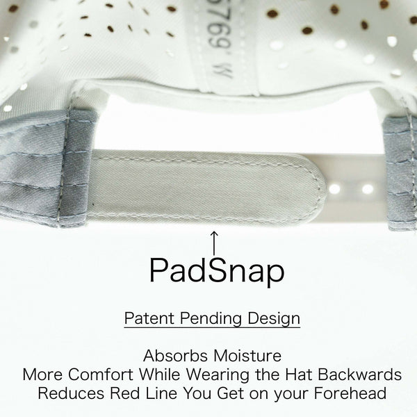 Close-up of adjustable strap with patented PadSnap design on high ponytail mountain female trucker hat for moisture absorption and comfort when worn backward