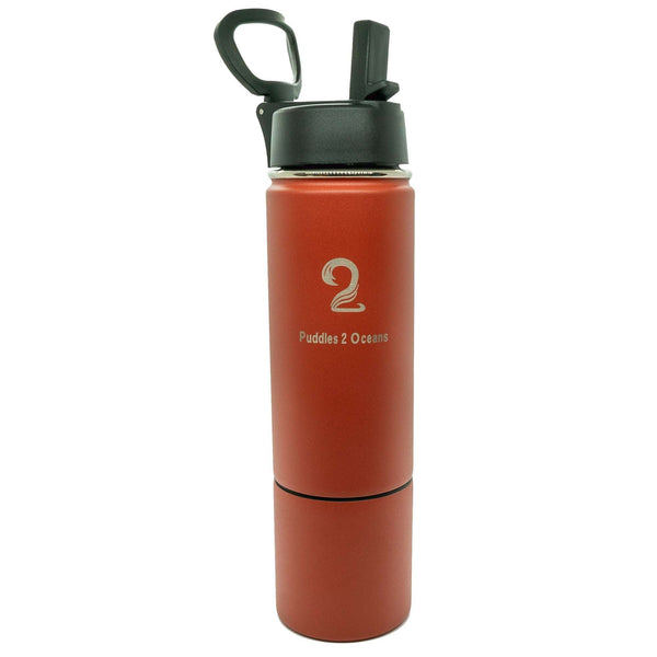 Red double-walled insulated kids water bottle with storage compartment and black flip-top lid