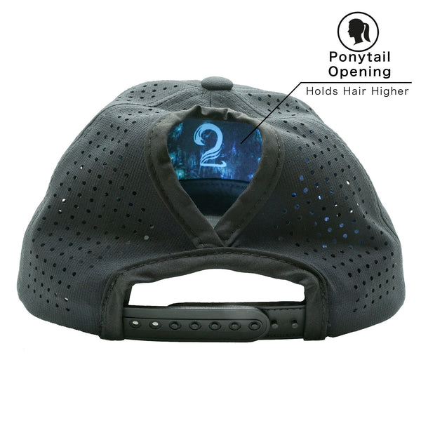 Black female trucker ponytail hat with breathable mesh and adjustable snapback closure