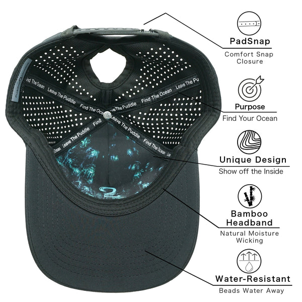 Black female trucker ponytail hat with water-resistant fabric, bamboo moisture-wicking headband, and unique interior design showing location coordinates