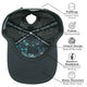 Black female trucker ponytail hat with water-resistant fabric, bamboo moisture-wicking headband, and unique interior design showing location coordinates