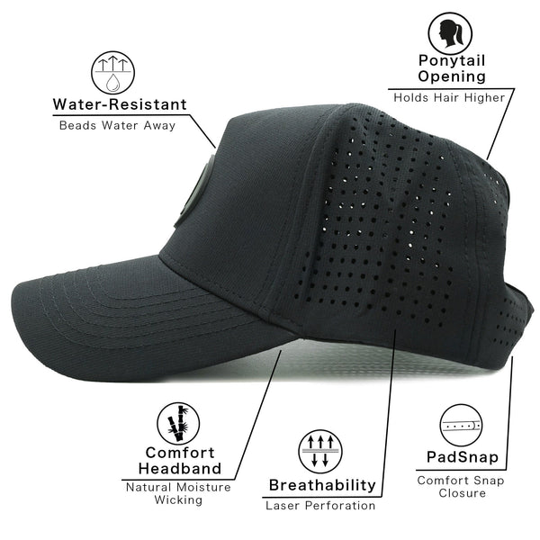 Black female trucker ponytail hat with water-resistant fabric, breathable laser perforations, comfort moisture-wicking headband, PadSnap closure, and high ponytail opening.