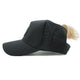 Black female trucker ponytail hat with breathable perforated panels and high ponytail opening