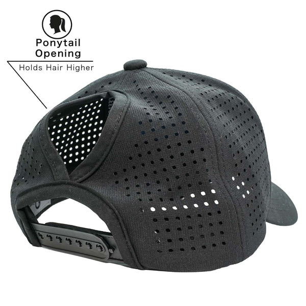 Black female trucker hat with high ponytail opening and breathable water-resistant material