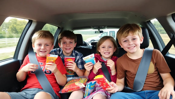 kids in the car ready for a long road trip