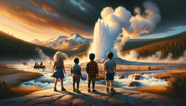 young kids standing at Ol Faithful in Yellowstone National Park watching it erupt. Ready for their hike and scavenger hunt