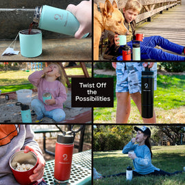 Young child drinking from insulated kids water bottle with storage compartment on outdoor trail — Puddles 2 Oceans