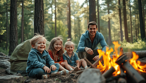 Family camping in the forest. Happy children sitting by the fire.