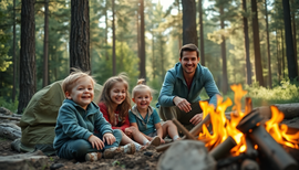 Family camping in the forest. Happy children sitting by the fire.