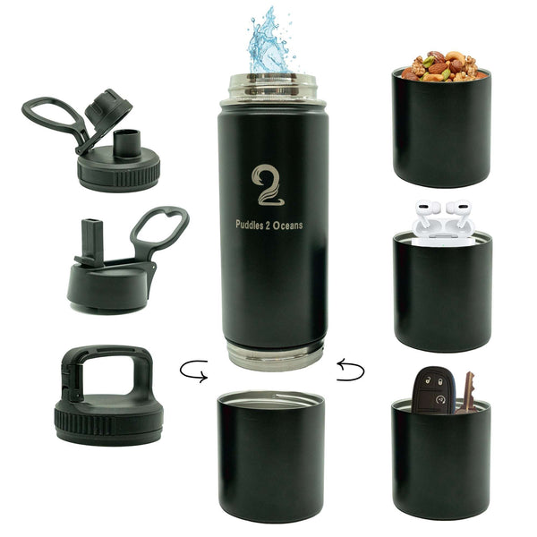 Black double-walled insulated kids water bottle with 26oz capacity, storage compartment for snacks, earbuds, and keys, three BPA-free lids, and customizable colored bottoms