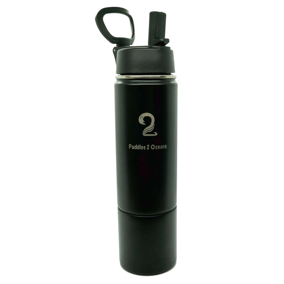 Black 26oz Sip N Seek kids water bottle with storage compartment, insulated stainless steel, spill-proof lids, and customizable colored bottoms.