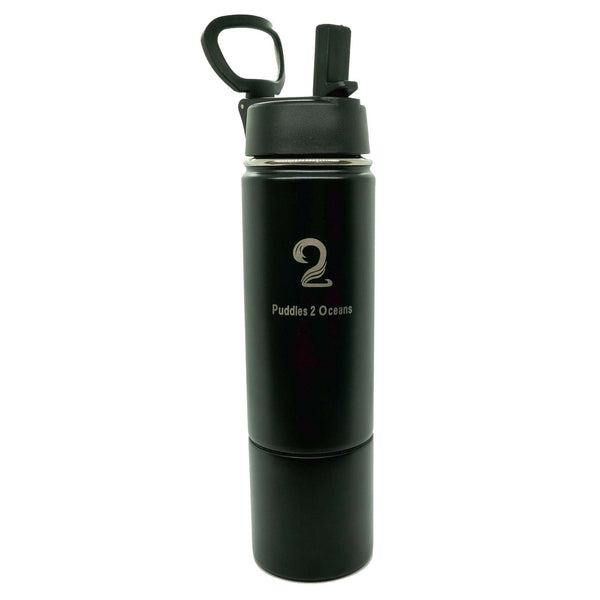 Black 26oz Sip N Seek kids water bottle with storage compartment, insulated stainless steel, spill-proof lids, and customizable colored bottoms.