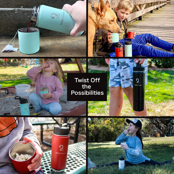 Collage of kids using colorful Sip N Seek 26oz kids water bottles with twist-off storage compartments for drinks and snacks outdoors