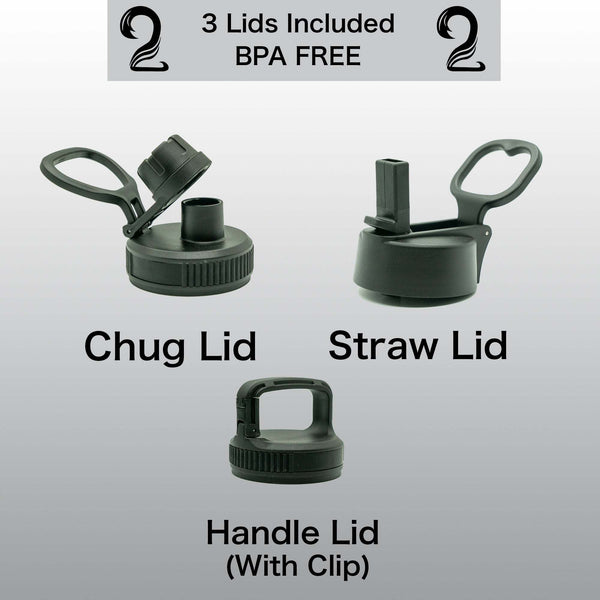 Three BPA free lids for kids water bottle including chug lid, straw lid, and handle lid with clip shown on gray background