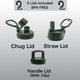 Three BPA free lids for kids water bottle including chug lid, straw lid, and handle lid with clip shown on gray background