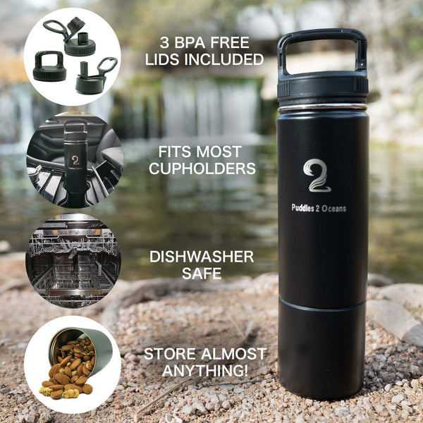 Black insulated kids water bottle with storage compartment, three BPA-free lids, fits cupholders, dishwasher safe, and doubles as snack container