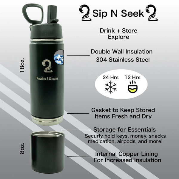 Black Sip N Seek 26oz kids water bottle with double-wall insulation, storage compartment, silicone gasket, and 3 BPA-free lids