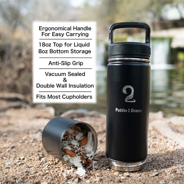 Black 26oz kids water bottle with ergonomic handle, double wall insulation, and bottom storage compartment for snacks and essentials