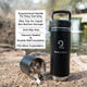 Black 26oz kids water bottle with ergonomic handle, double wall insulation, and bottom storage compartment for snacks and essentials