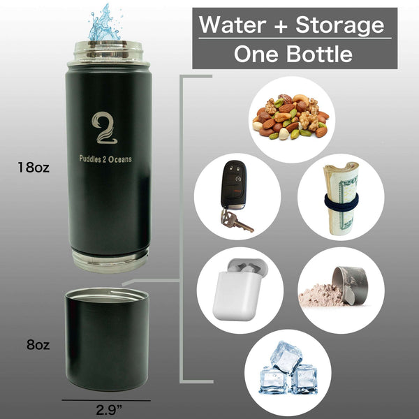 26oz kids water bottle with 18oz drink capacity, 8oz bottom storage compartment for snacks, keys, or powder, stainless steel insulated design
