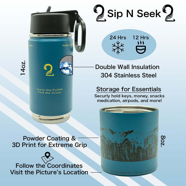22oz kids water bottle with double-wall insulated stainless steel, storage compartment for snacks and essentials, blue with powder coating and 3D grip design