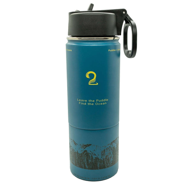 Blue insulated kids water bottle with bottom storage compartment and black lid with handle