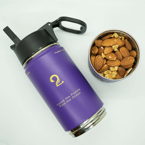 Purple insulated kids water bottle with separate storage compartment holding nuts and snacks, 22oz capacity with BPA-free lid and silicone gasket seal