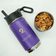 Purple insulated kids water bottle with separate storage compartment holding nuts and snacks, 22oz capacity with BPA-free lid and silicone gasket seal