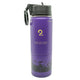 Purple kids water bottle with storage compartment, insulated stainless steel, 22oz capacity, secure twist-off bottom with black lid and clip