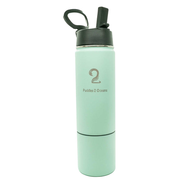 Light green insulated kids water bottle with 2-in-1 storage compartment and black flip-top lid