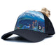 Female trucker hat with mountain and flower design, high ponytail opening, breathable and water-resistant material for outdoor adventures