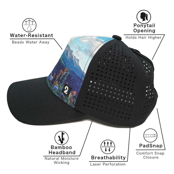 Female trucker hat with water-resistant fabric, ponytail opening, bamboo moisture-wicking headband, breathable laser perforations, and PadSnap comfort snap closure