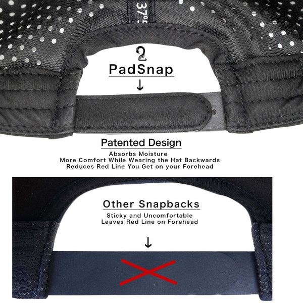 Close-up of black female trucker hat with patented PadSnap sweat-absorbing snapback design compared to standard uncomfortable snapbacks, highlighting moisture absorption and comfort features