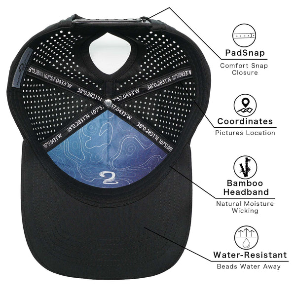 Black female trucker hat with high ponytail opening, water-resistant material, bamboo moisture-wicking headband, comfort PadSnap closure, and interior coordinates design