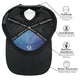 Black female trucker hat with high ponytail opening, water-resistant material, bamboo moisture-wicking headband, comfort PadSnap closure, and interior coordinates design